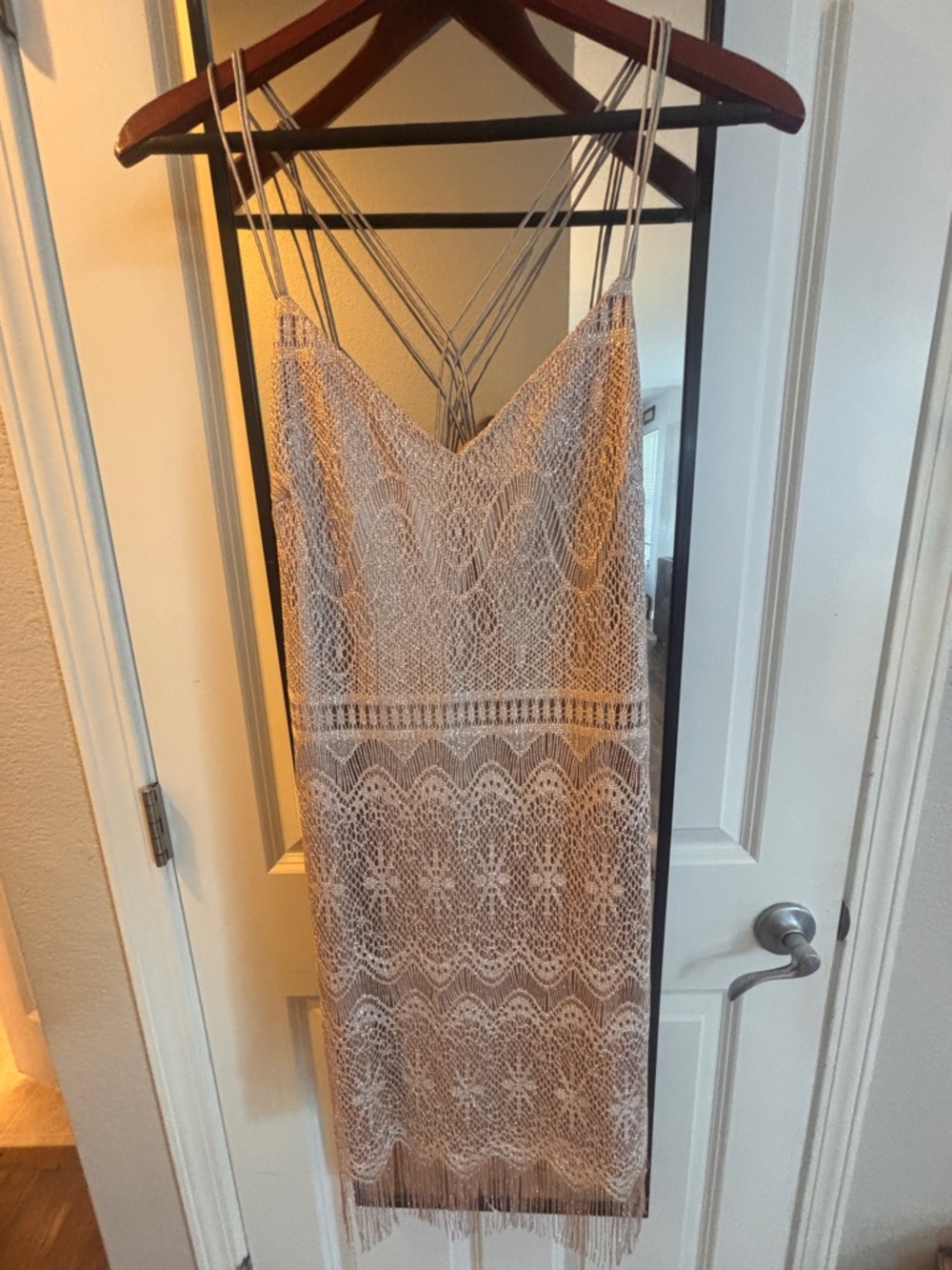 ⭐️NWT Jessica Simpson Crochet Fringe Dress Size 4 Taupe Boho Festival Beach Mini - Picture 2 of 16